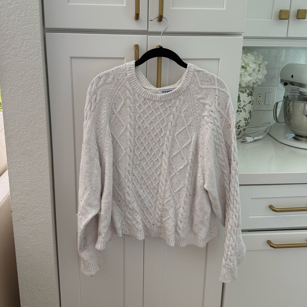 Old Navy White Crew Neck Sweater with Cable Knit Design